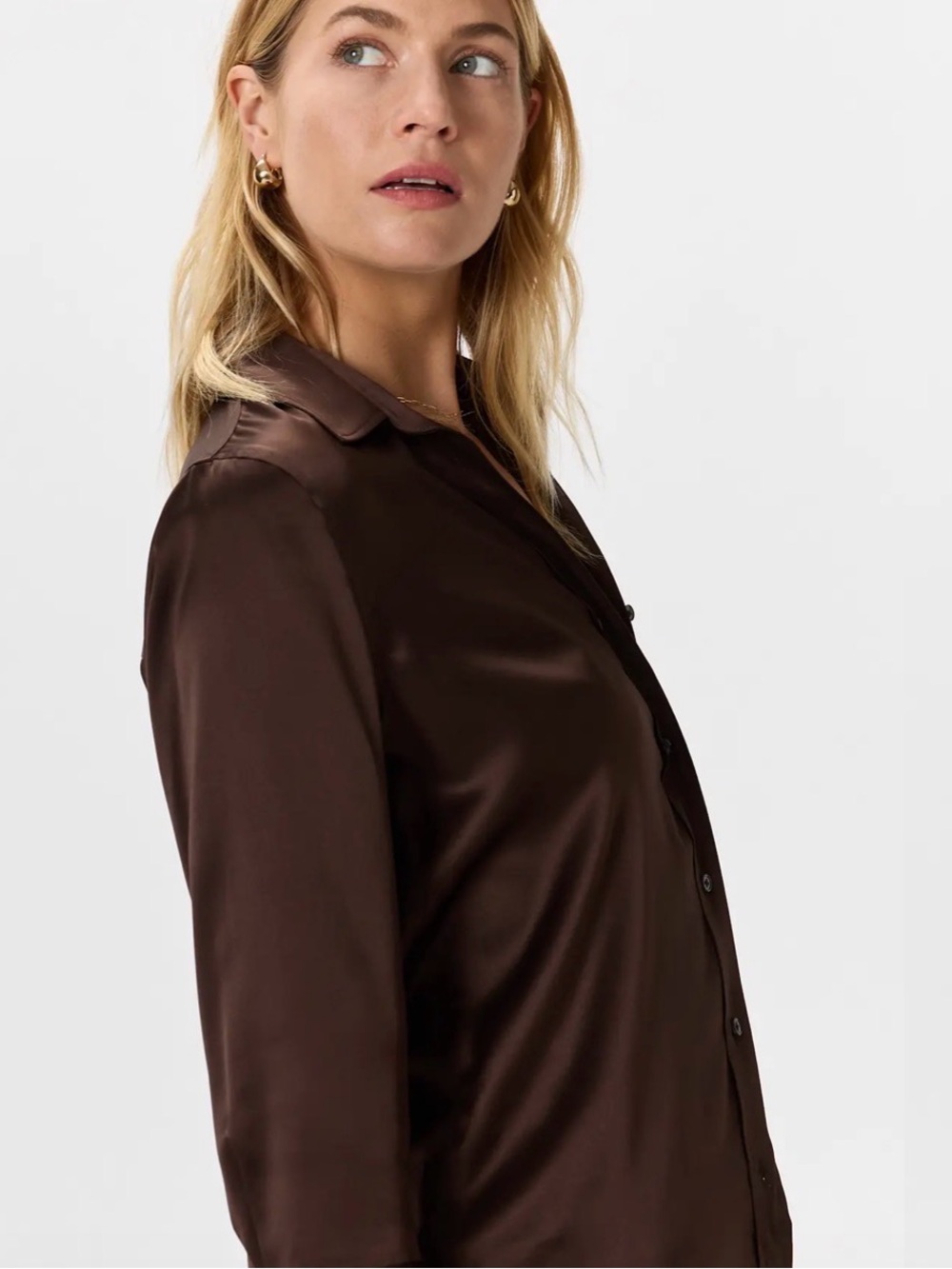 Quince 100% Washable Silk Three-Quarter Sleeve Shirt Hot Fudge Brown Size Small - Picture 4 of 10